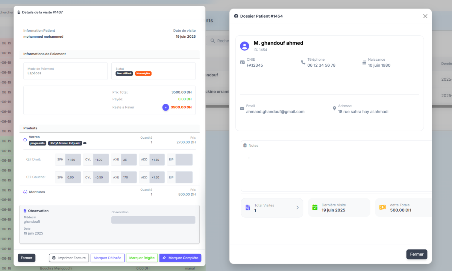 Capture d'écran de la facturation OpticAdmin