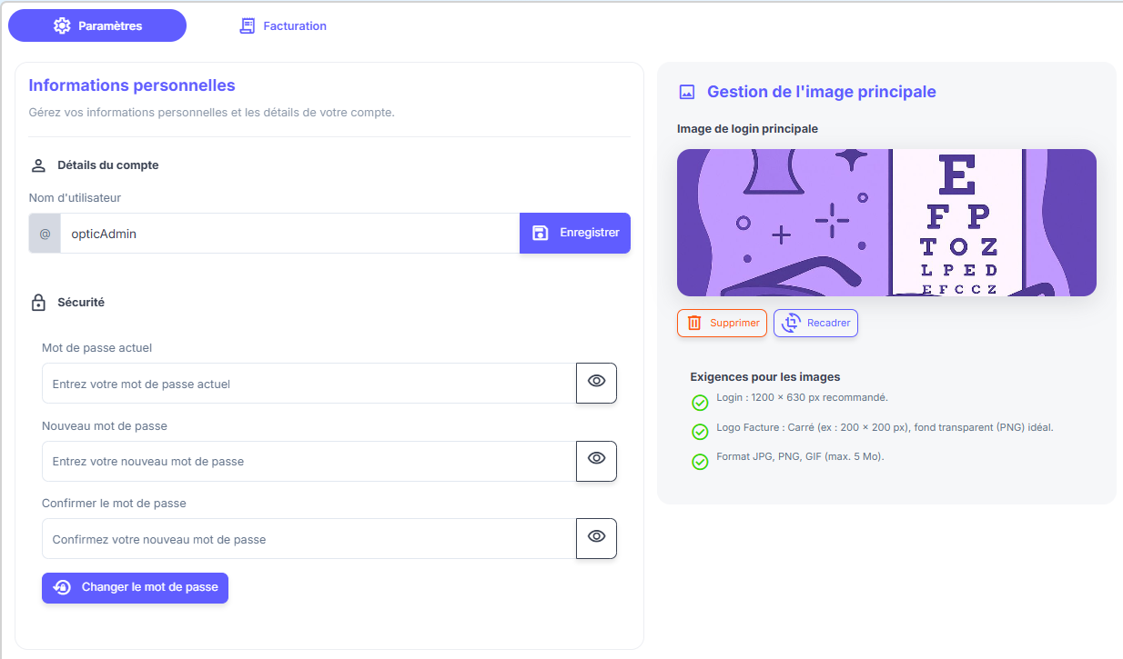 Page des paramètres d'OpticAdmin