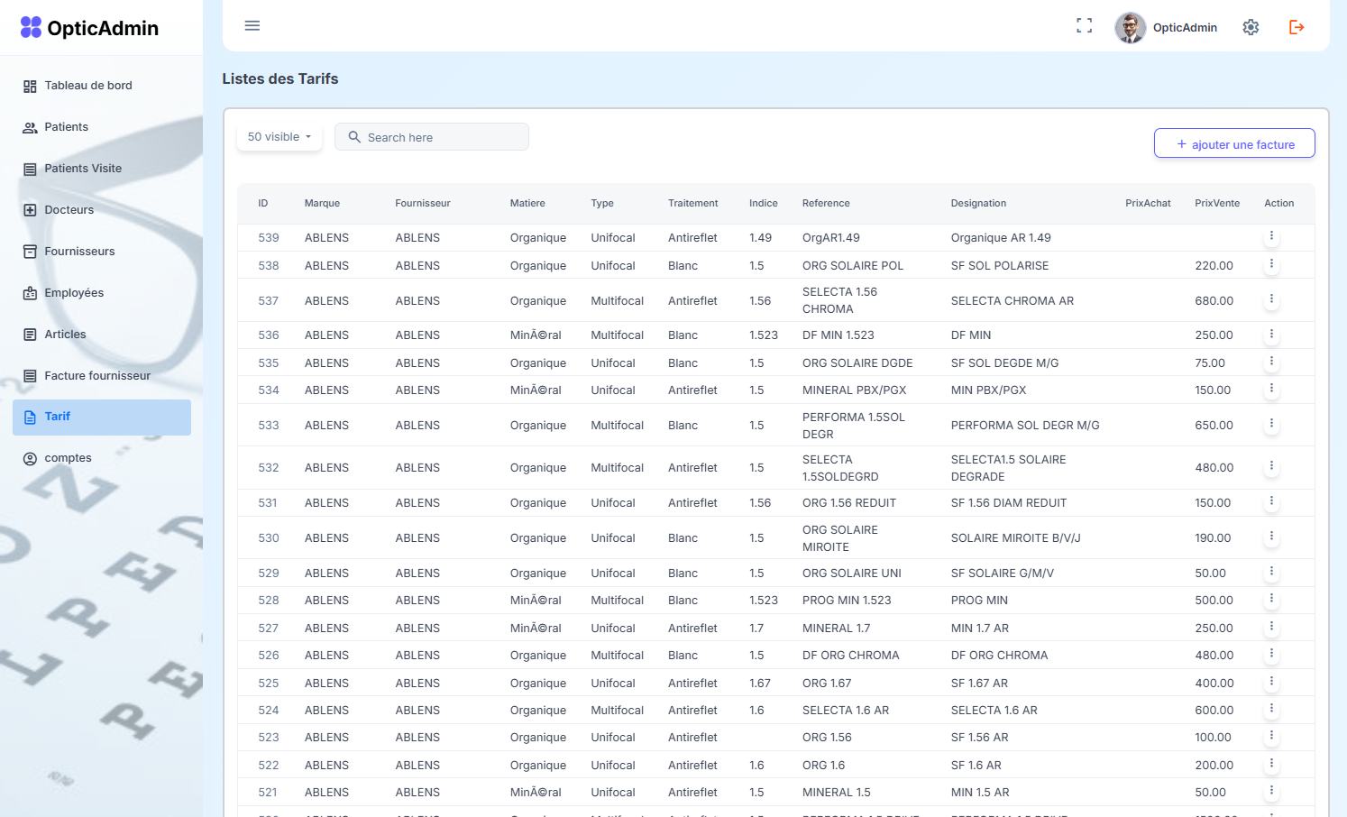 Capture d'écran de la gestion client OpticAdmin